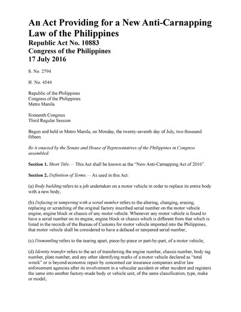 carnapping philippines|AN ACT PROVIDING FOR A NEW ANTI.